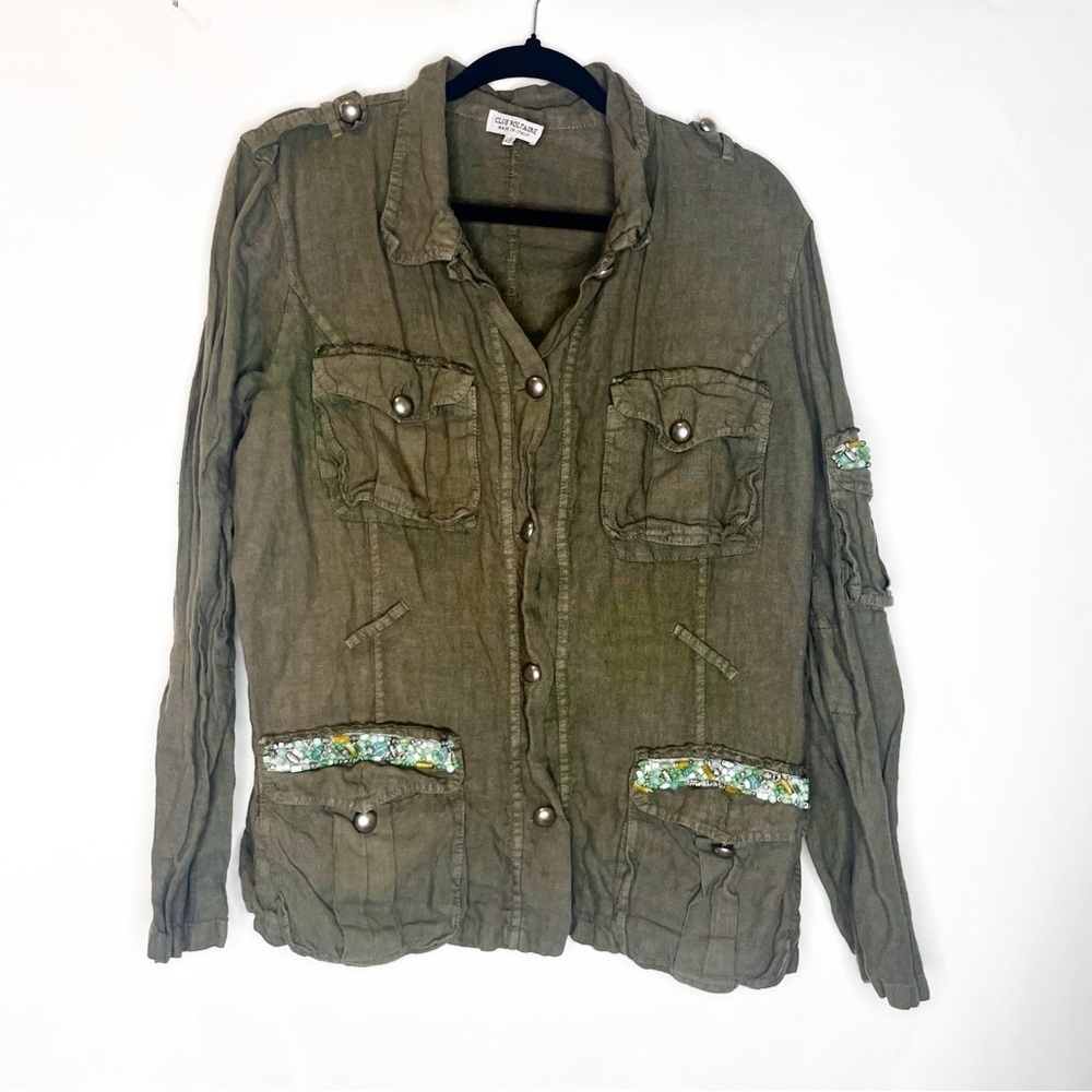 Club Voltaire | Linen Gemstone Trim Lightweight Military Jacket